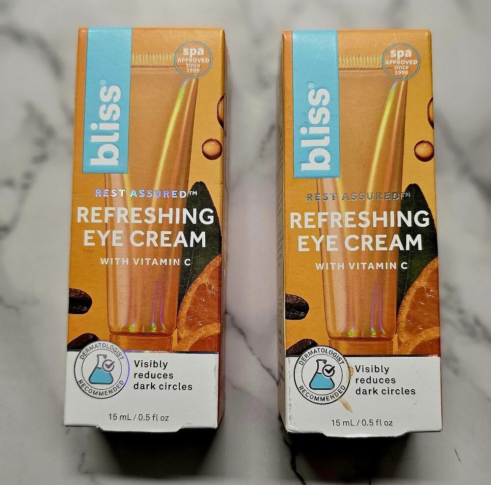2 pk bliss REST ASSURED Dark Circle Depuffing EYE CREAM .5oz vitamin C caffeine